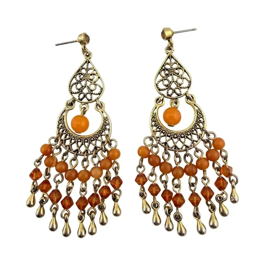 Boho Ornate Filigree Chandelier Orange Bead Dangle Drop Gold Tone 3